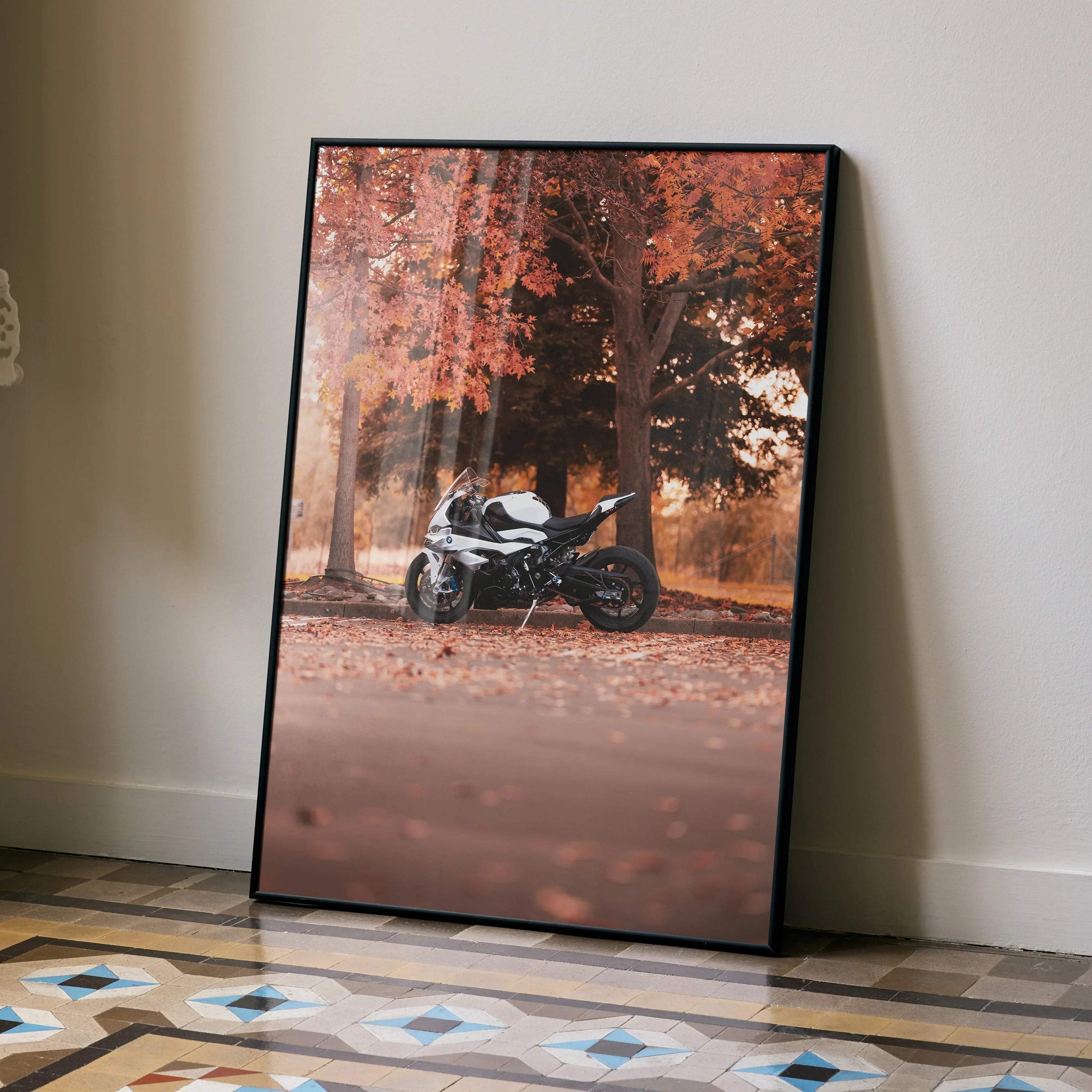 BMW S1000RR motorcycle poster with autumn forest background, black frame wall art.