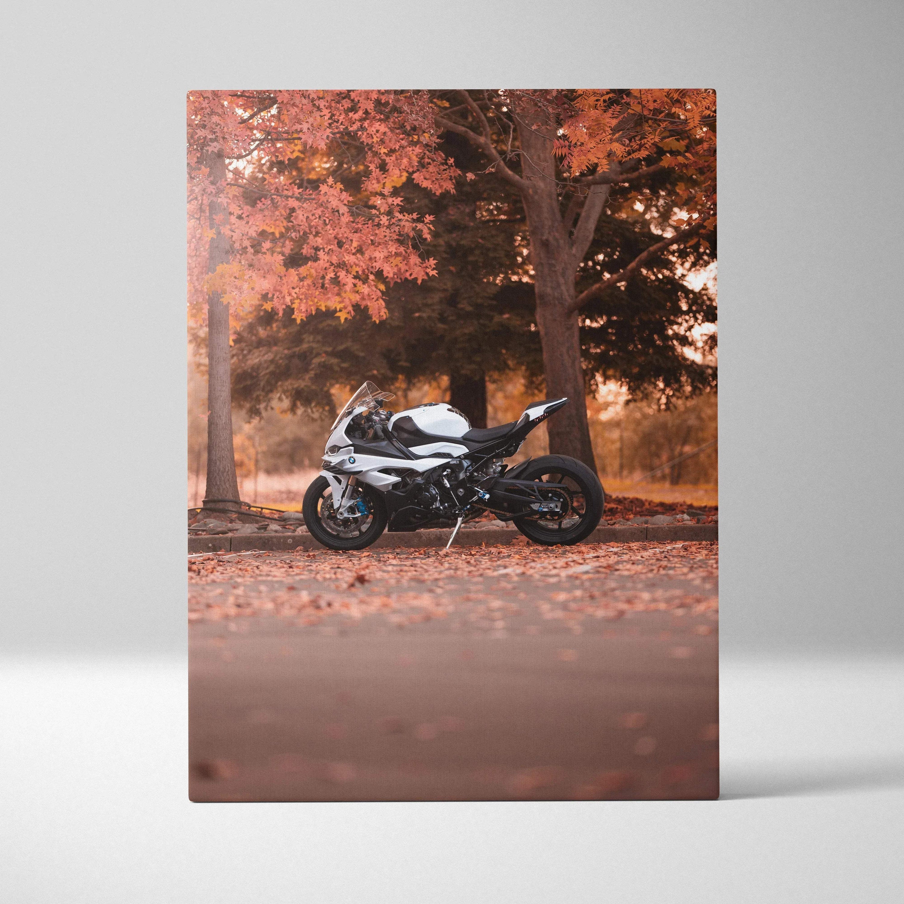 BMW S1000RR motorcycle in autumn forest setting printed on vertical canvas wall art.