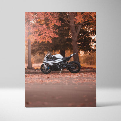 BMW S1000RR motorcycle in autumn forest setting printed on vertical canvas wall art.