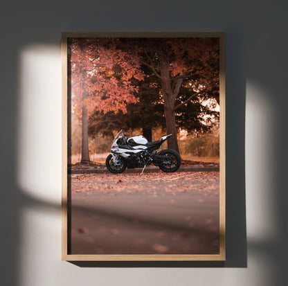 BMW S1000RR motorcycle poster with autumn leaves background, sleek wall art print.