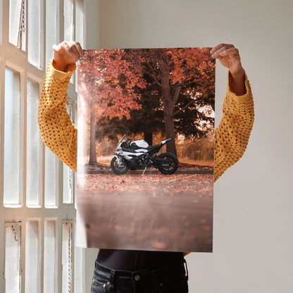 BMW S1000RR motorcycle poster with autumn trees wall art in warm orange tones.