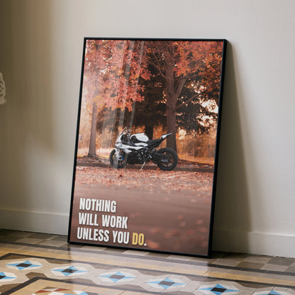 BMW S1000RR motorcycle motivational poster with autumn forest background and inspiring text wall art.