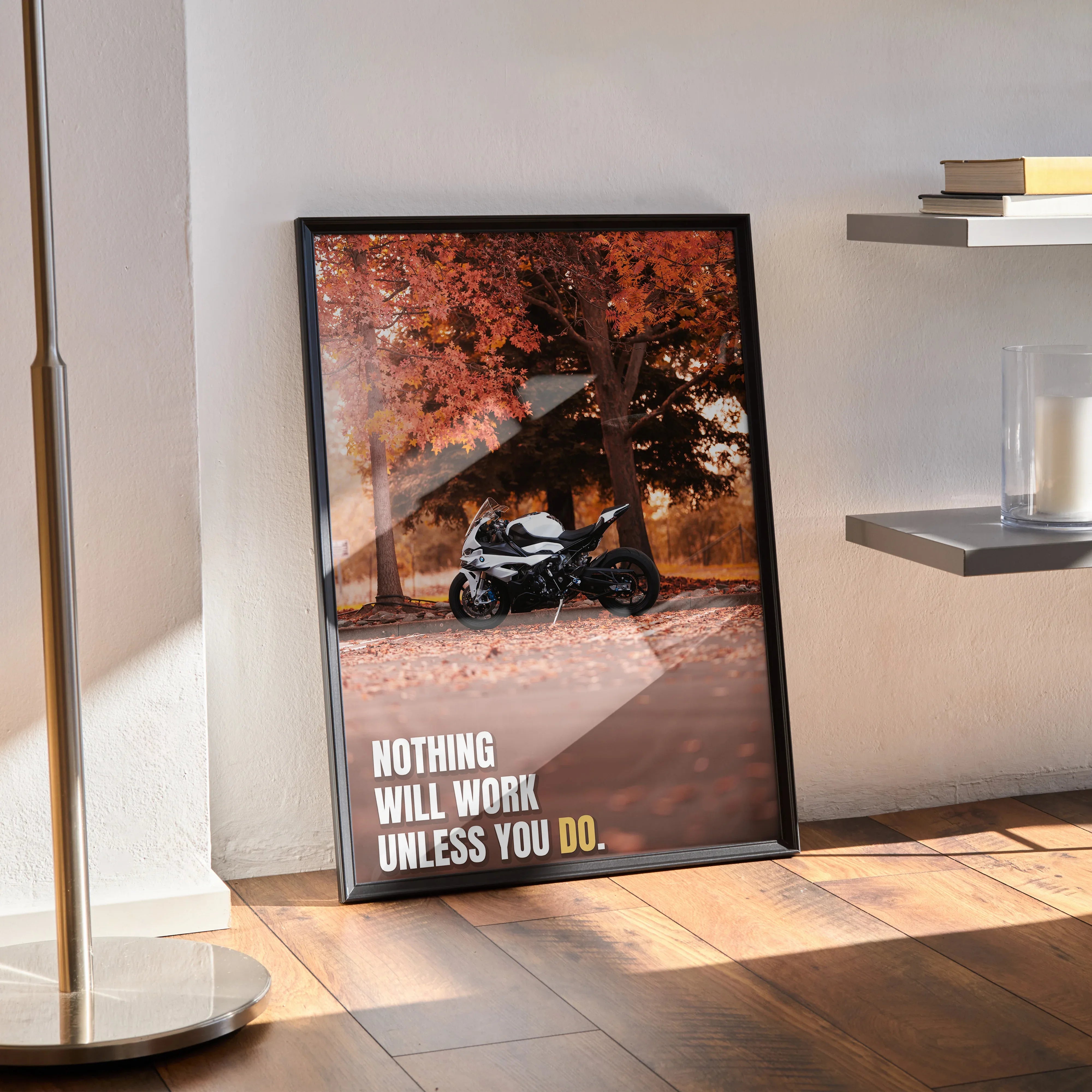 Motivational poster with BMW S1000RR motorcycle and autumn trees wall art with inspiring text.