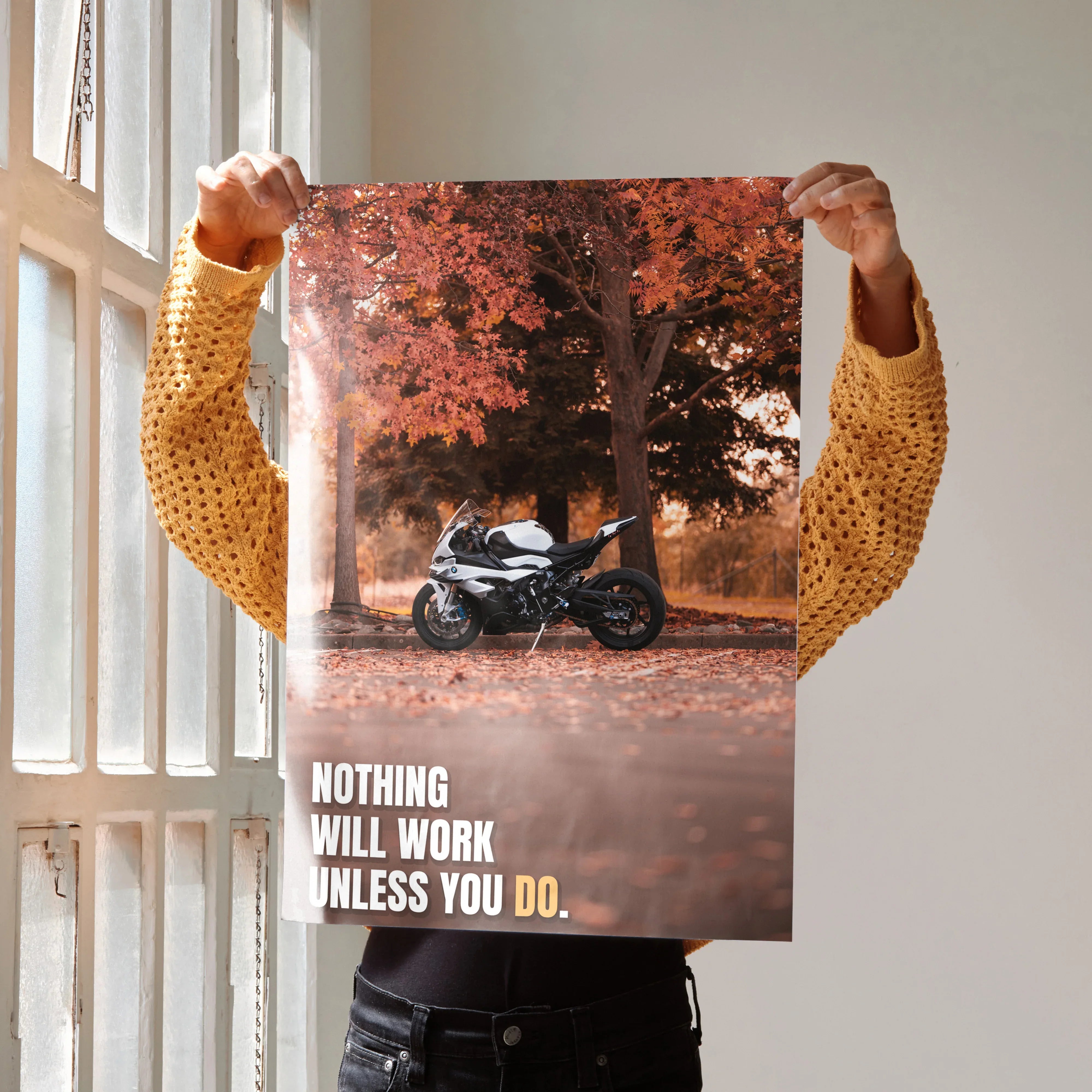 Motivational poster wall art featuring BMW S1000RR motorcycle under autumn tree with inspiring text.