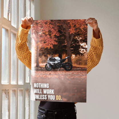 Motivational poster wall art featuring BMW S1000RR motorcycle under autumn tree with inspiring text.