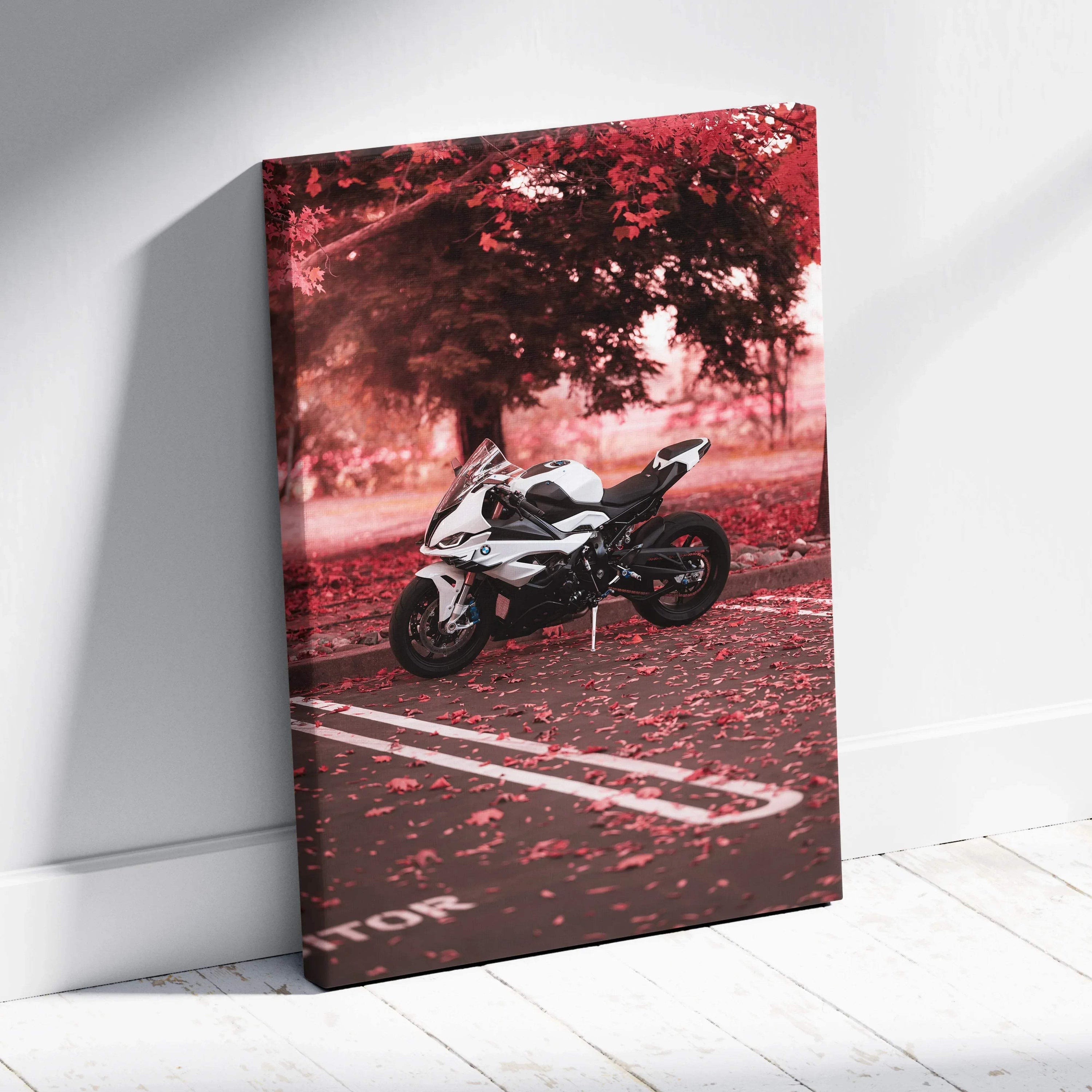 Vertical canvas art of white BMW S1000RR motorcycle parked under red autumn trees wall art.