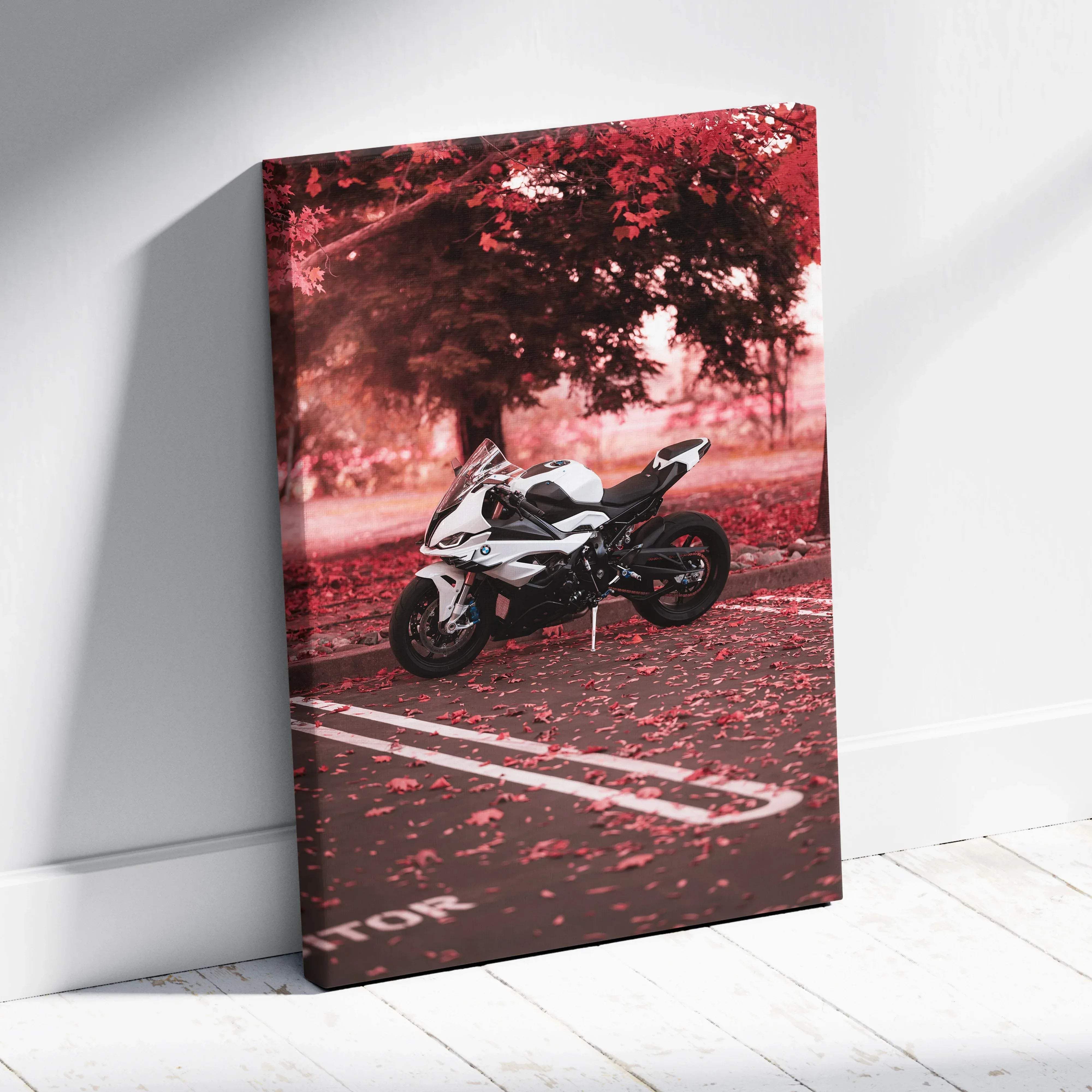 Canvas wall art featuring a white and black BMW S1000RR motorcycle with red autumn leaves for modern home decor