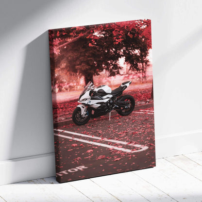 Vertical canvas art of white BMW S1000RR motorcycle parked under red autumn trees wall art.