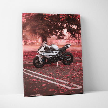 Vertical canvas art featuring a BMW S1000RR motorcycle with a red autumn background, high-resolution wall art.