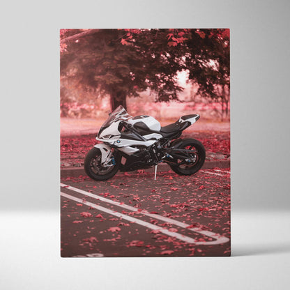 Vertical canvas art of white and black BMW S1000RR motorcycle parked under tree with red autumn leaves.