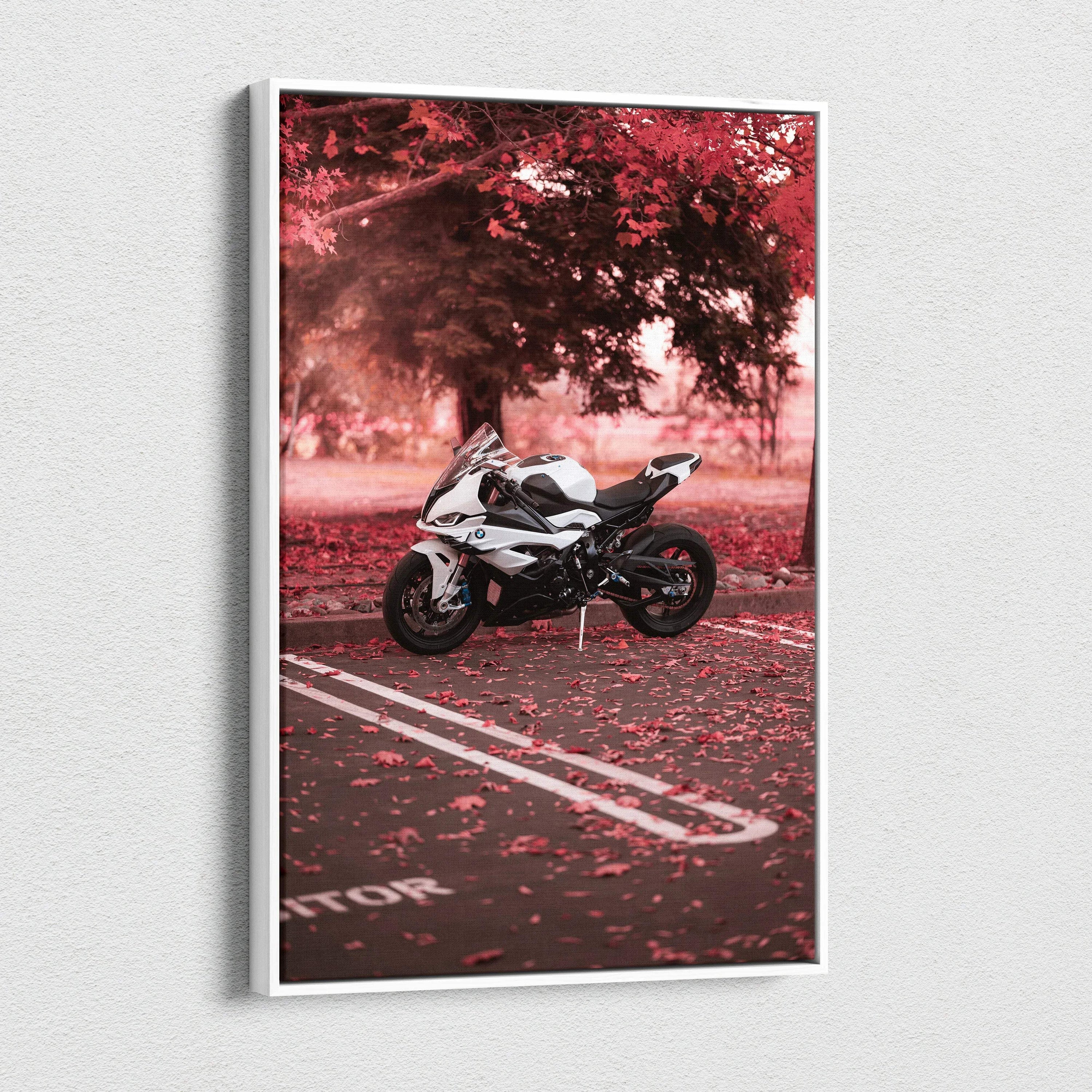 BMW S1000RR motorcycle canvas wall art with red autumn forest background, vertical canvas print.