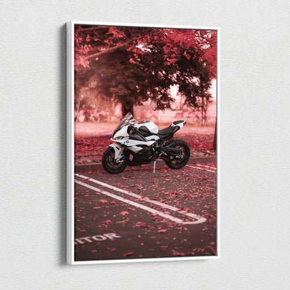 BMW S1000RR motorcycle canvas wall art with red autumn forest background, vertical canvas print.