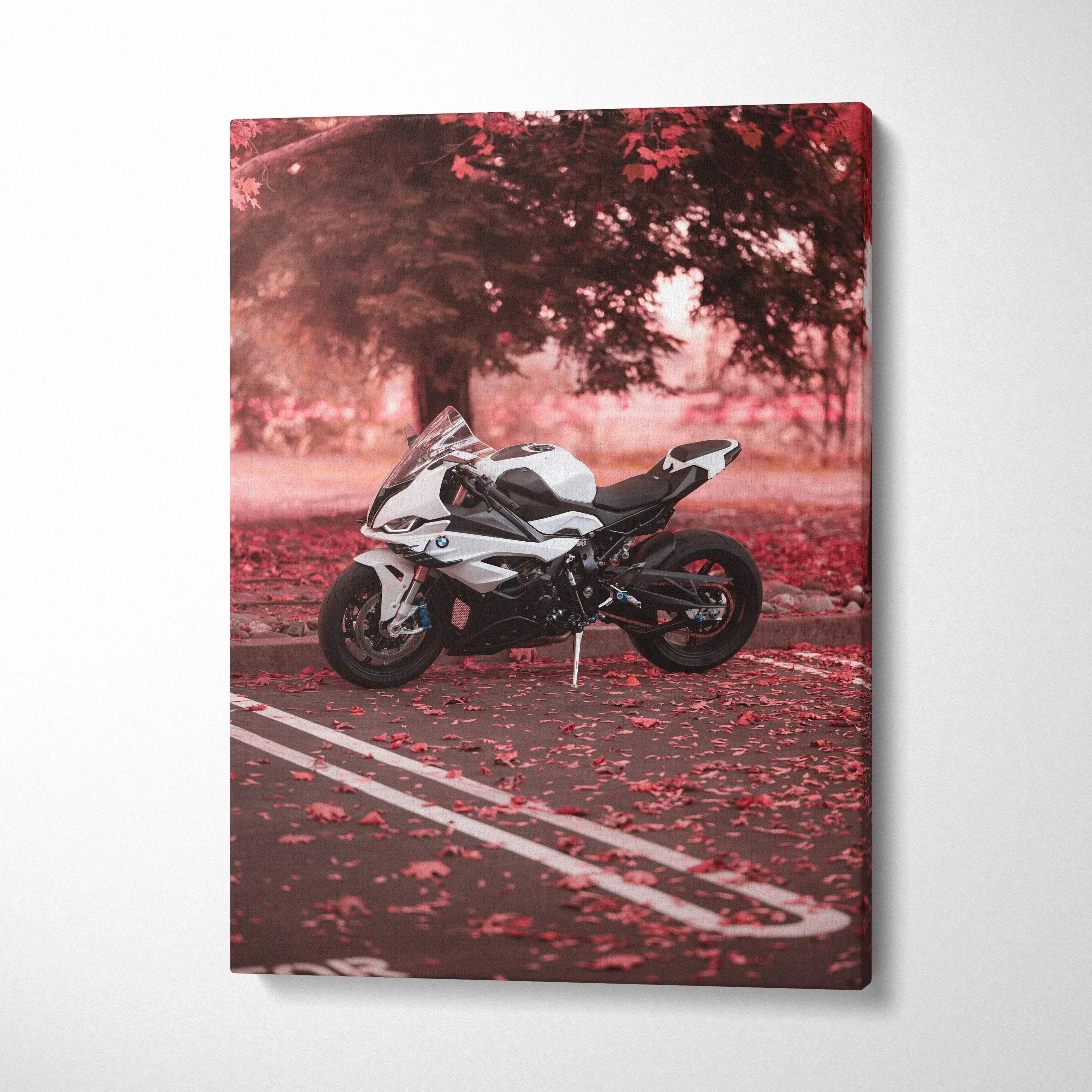 BMW S1000RR motorcycle canvas art with autumn leaves and tree background, vertical wall art.