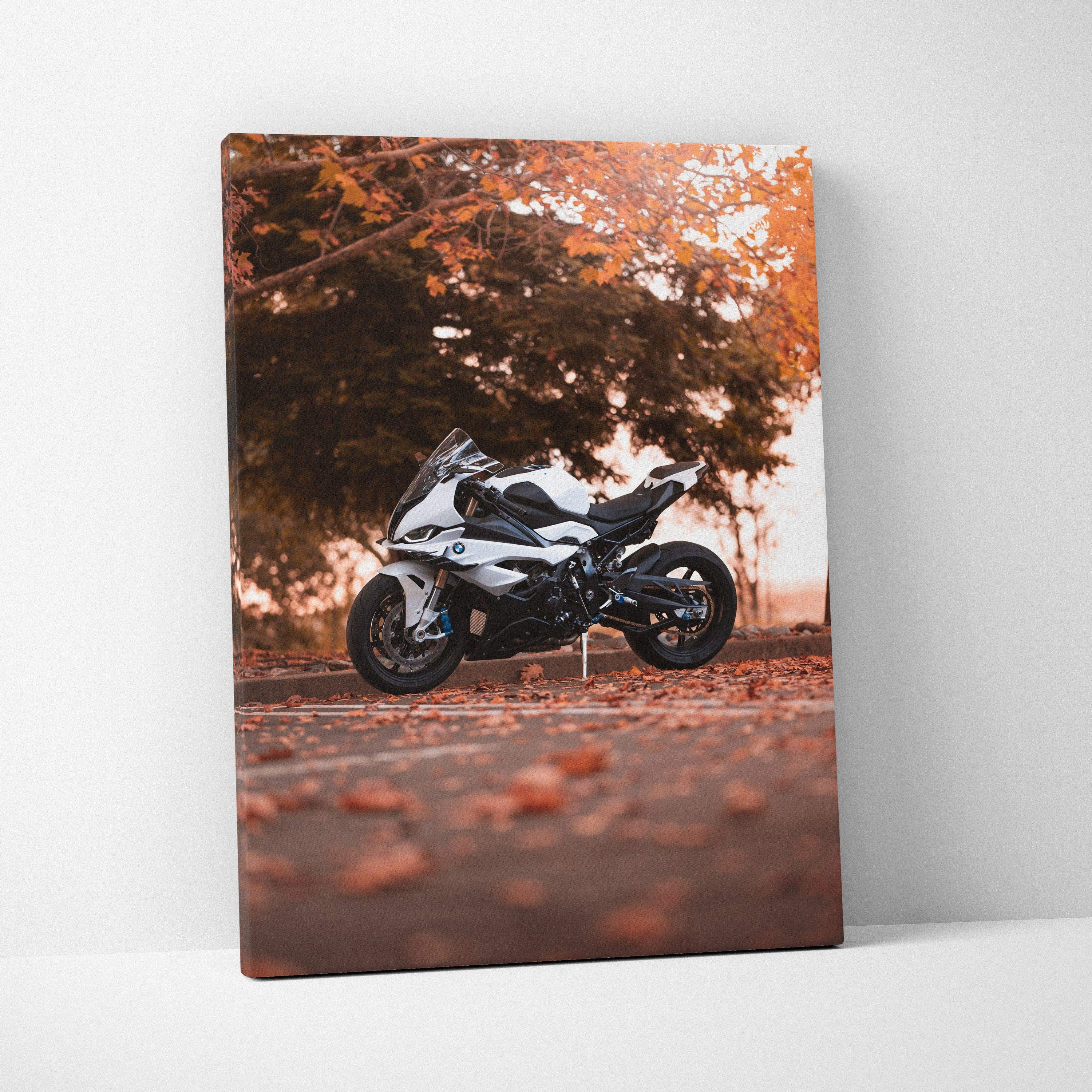 Vertical canvas art featuring a detailed BMW S1000RR motorcycle with autumn leaves and warm tones wall art.