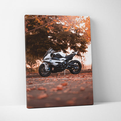 Vertical canvas art featuring a detailed BMW S1000RR motorcycle with autumn leaves and warm tones wall art.