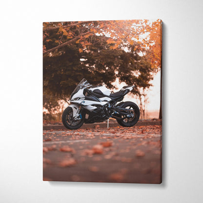 BMW S1000RR motorcycle canvas art with autumn tree background, vertical wall art print.