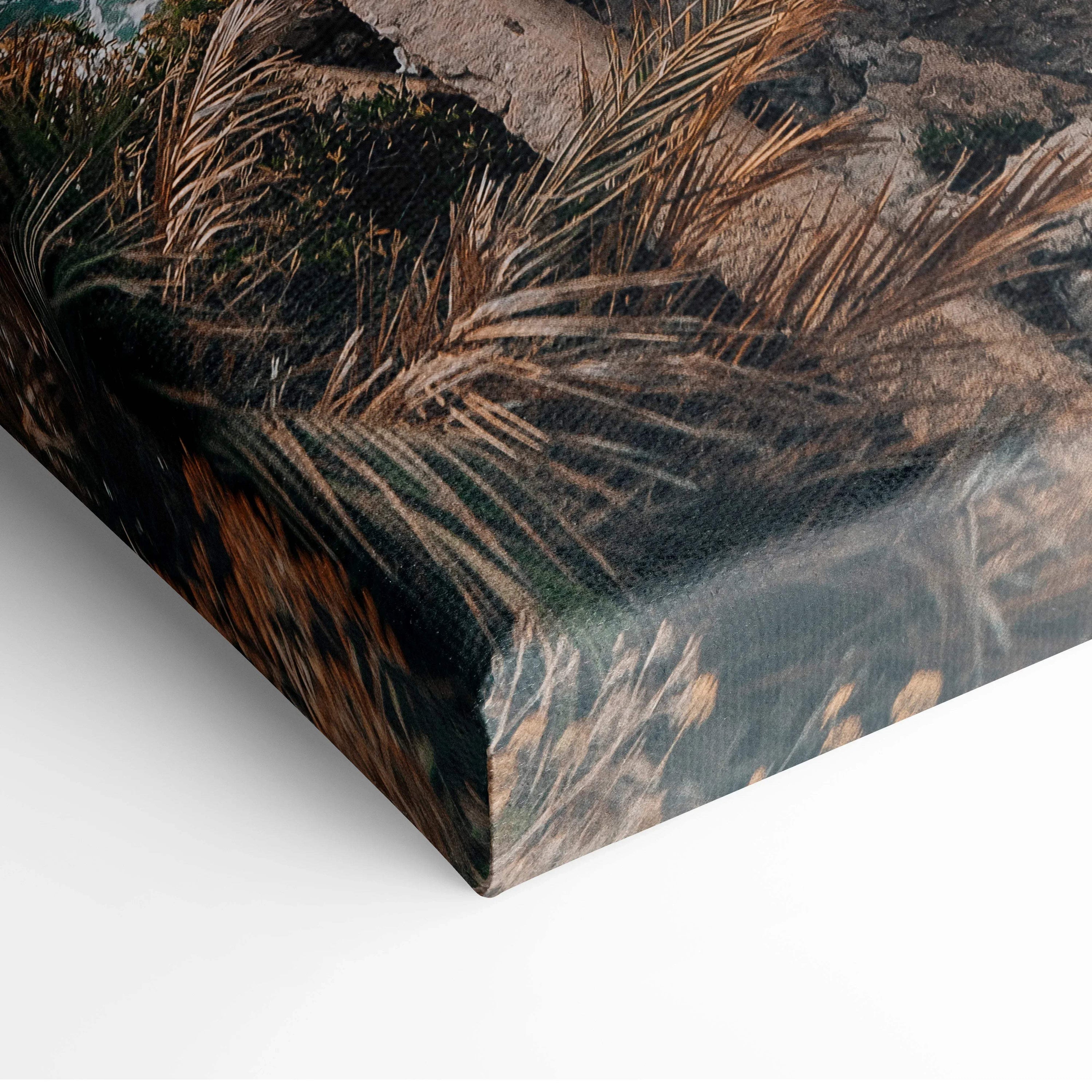 Close-up of canvas wall art featuring detailed architectural elements in earthy, muted tones with textured brushstrokes.