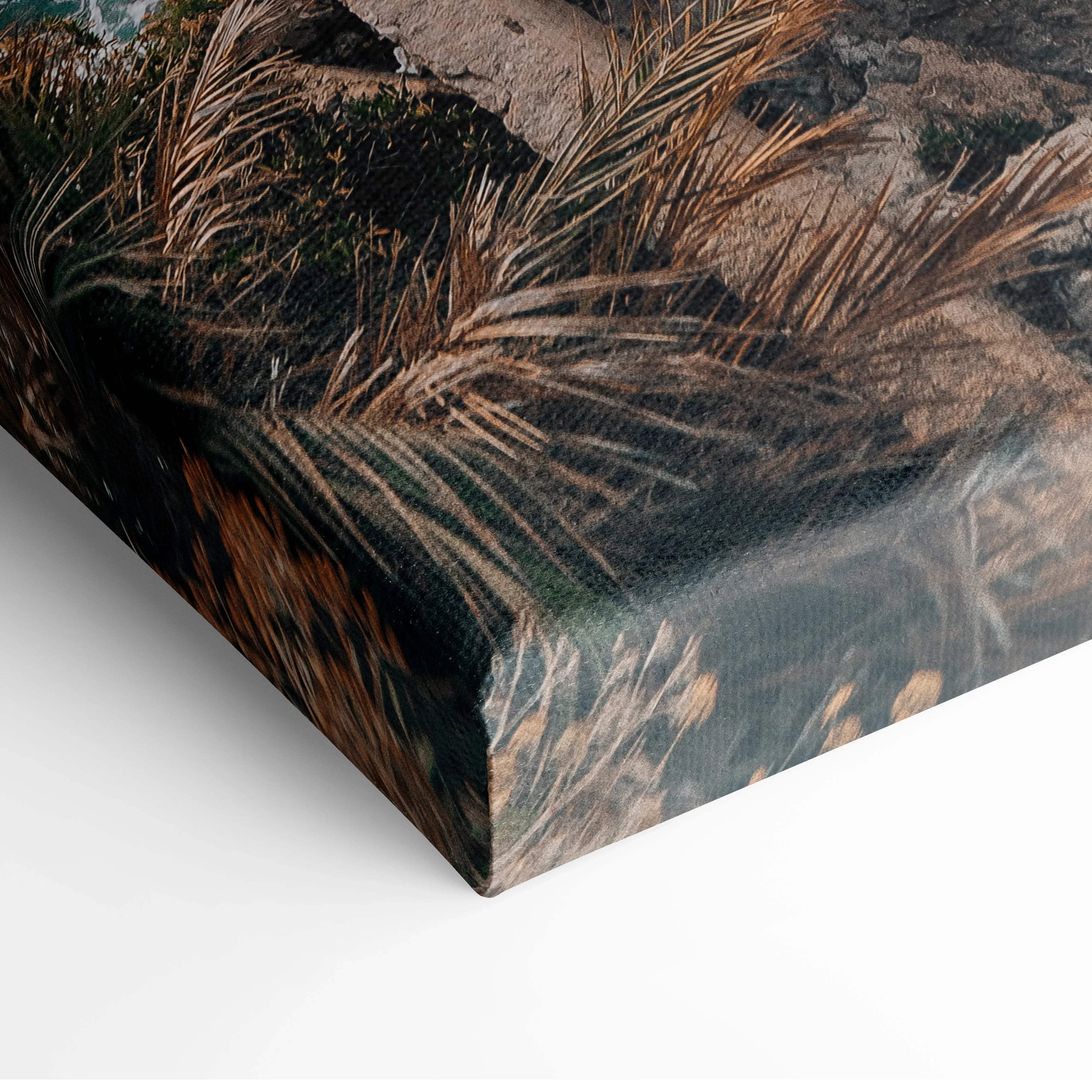 Canvas print featuring dry golden-brown grasses and rugged rocks in earthy tones for coastal seascape wall art