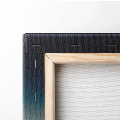 Close-up of stretched canvas wrapped around wooden frame with black fabric edges and visible staples for wall art canvas.