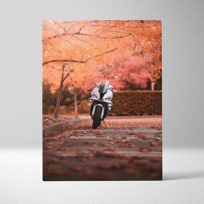 Vertical canvas art of white BMW S1000RR motorcycle on leaf-covered path with autumn trees wall art.