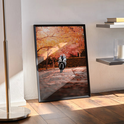 BMW S1000RR motorcycle poster with autumn trees, framed wall art in black frame.