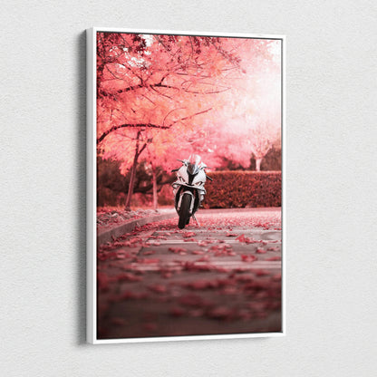 Vertical canvas wall art featuring a BMW S1000RR motorcycle under pink cherry blossom trees.