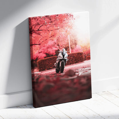 BMW S1000RR motorcycle speeding under vibrant red autumn trees canvas art wall décor.