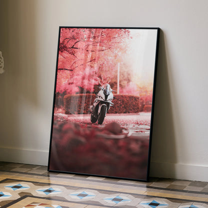 BMW S1000RR motorcycle poster with red autumn trees, modern black frame wall art.