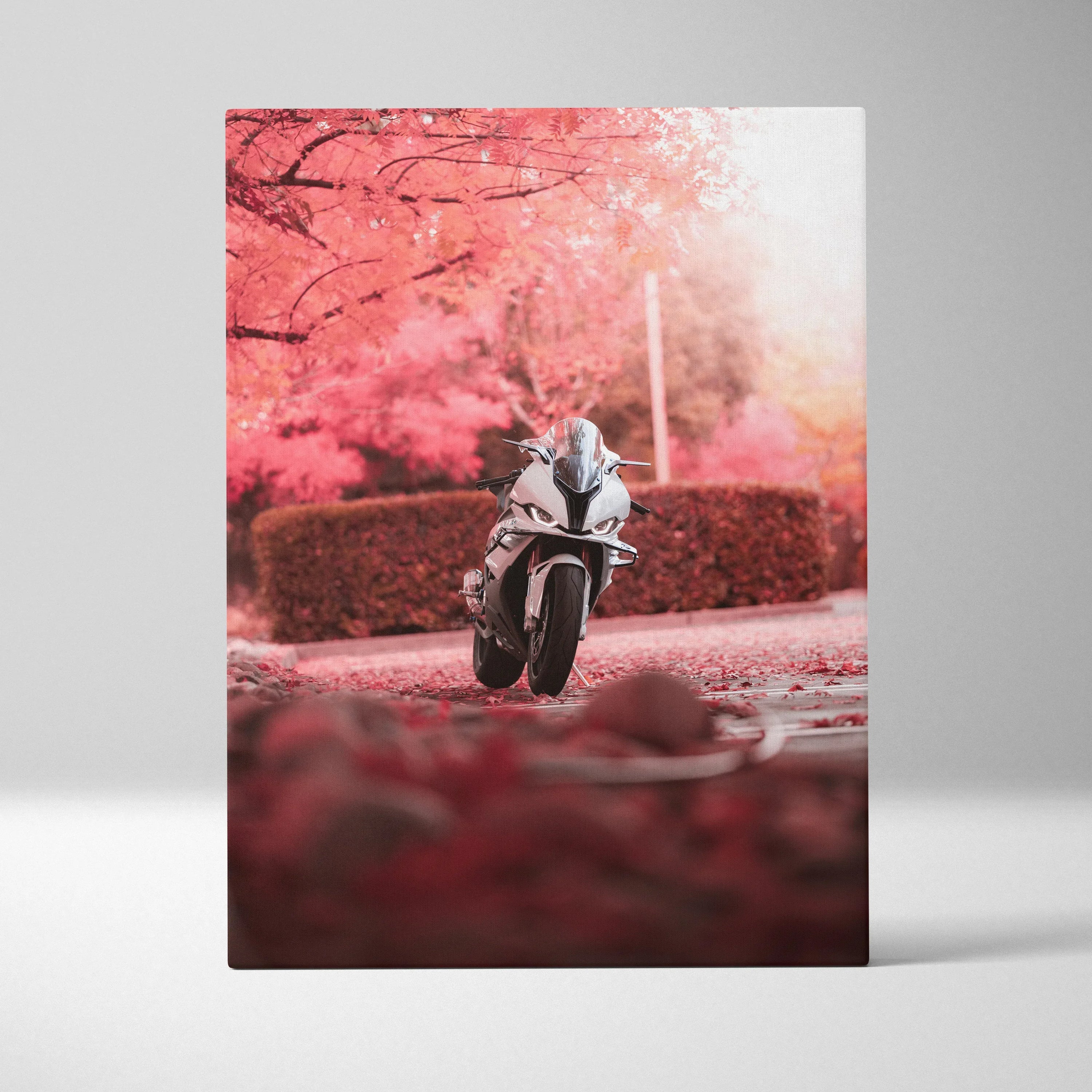 Vertical canvas wall art featuring a motorcyclist riding a BMW S1000RR through a pink-toned forest scene.