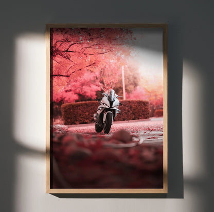 BMW S1000RR motorcycle poster with pink-toned trees and road, stylish wall art print.