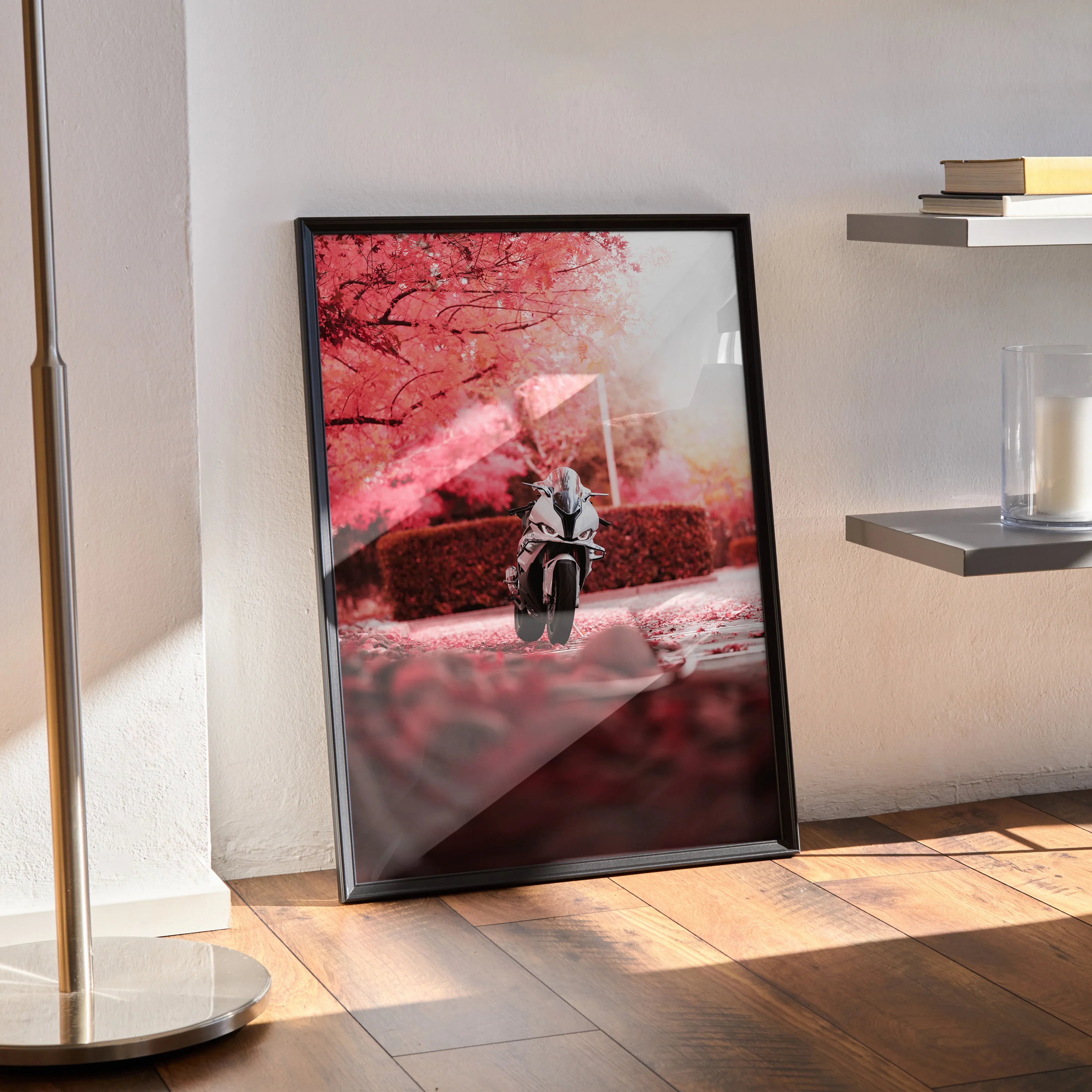 BMW S1000RR motorcycle poster with red autumn trees, sleek black frame wall art.