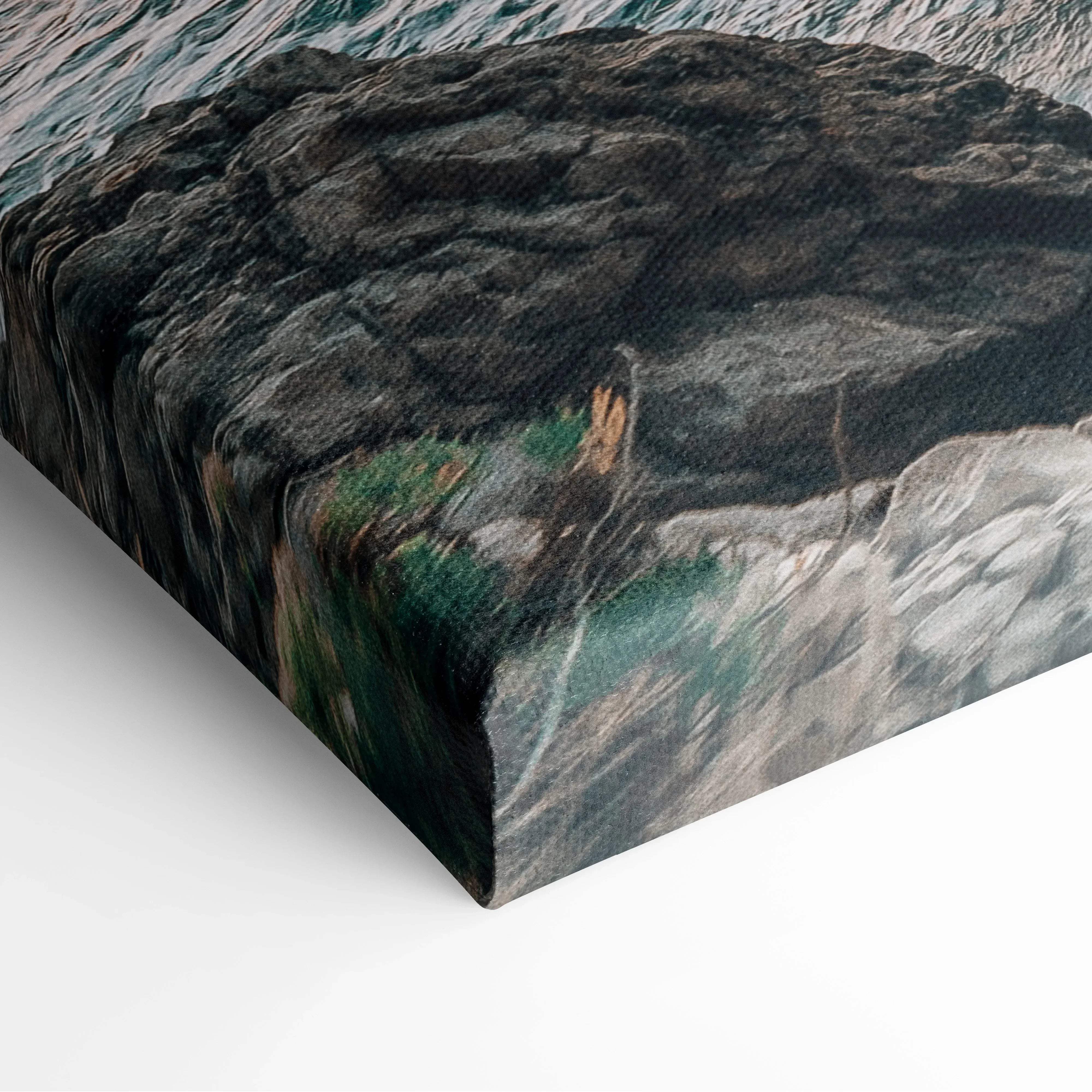 Black and gray textured canvas print of rugged cliffs and crashing ocean waves