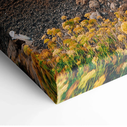 Canvas wall art featuring a close-up of yellow wildflowers against a textured dark beach background.