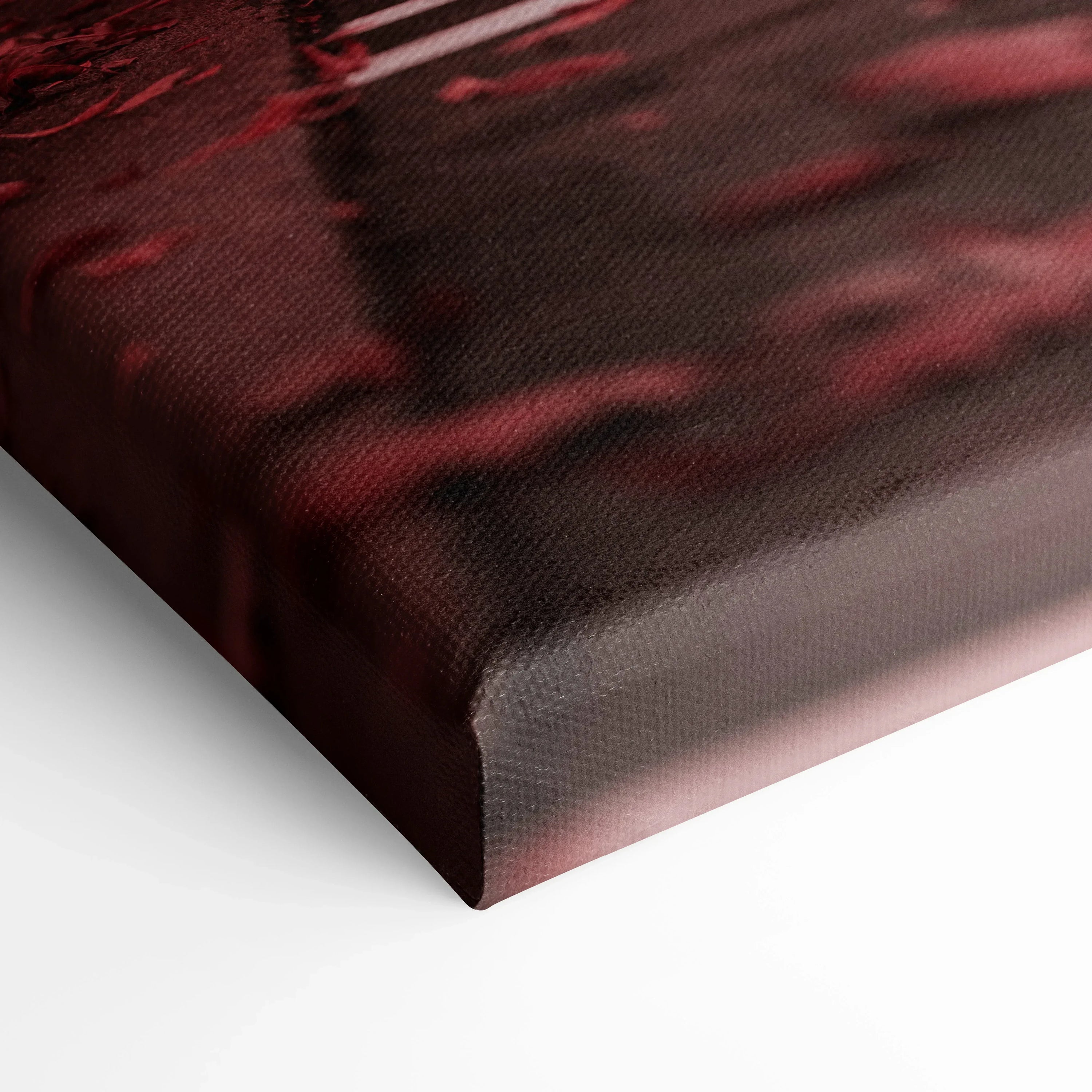 Close-up of black and red high-resolution canvas art corner with textured surface and museum-quality finish.
