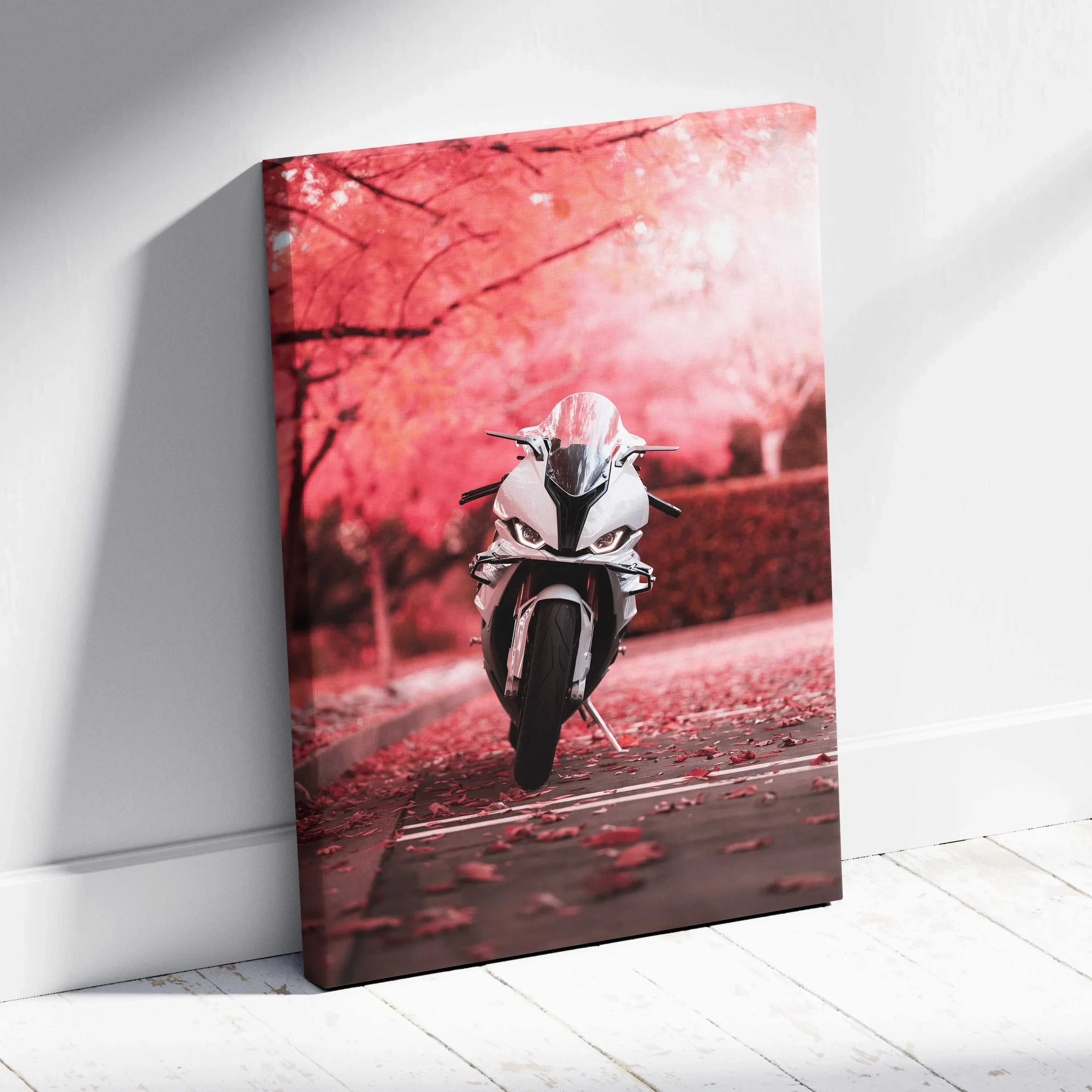 Vertical canvas art of a BMW S1000RR motorcycle on a red leaf-covered road, wall art print.