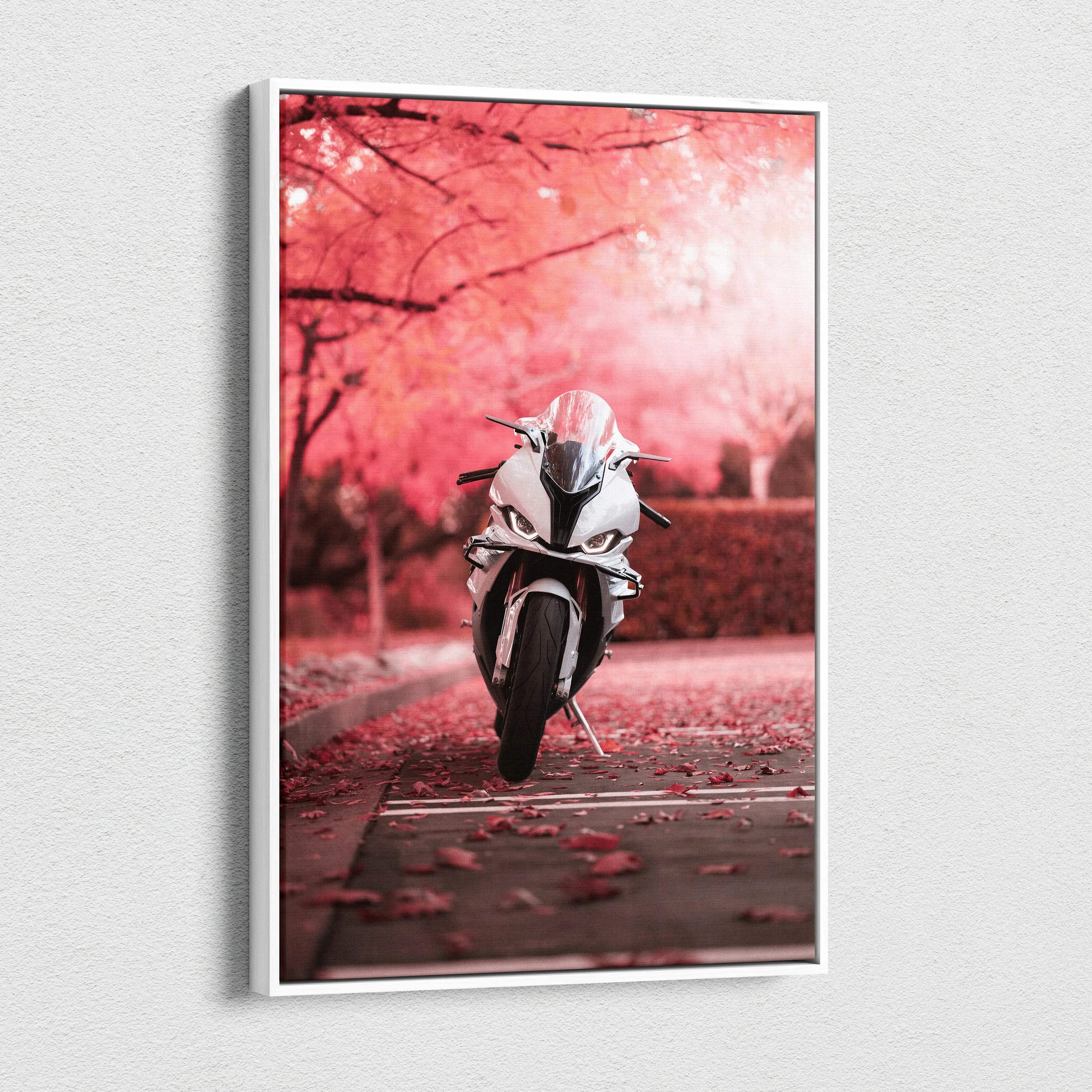 Vertical canvas wall art featuring a BMW S1000RR motorcycle in a pink autumn park setting.