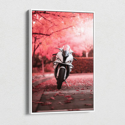 Vertical canvas wall art featuring a BMW S1000RR motorcycle in a pink autumn park setting.