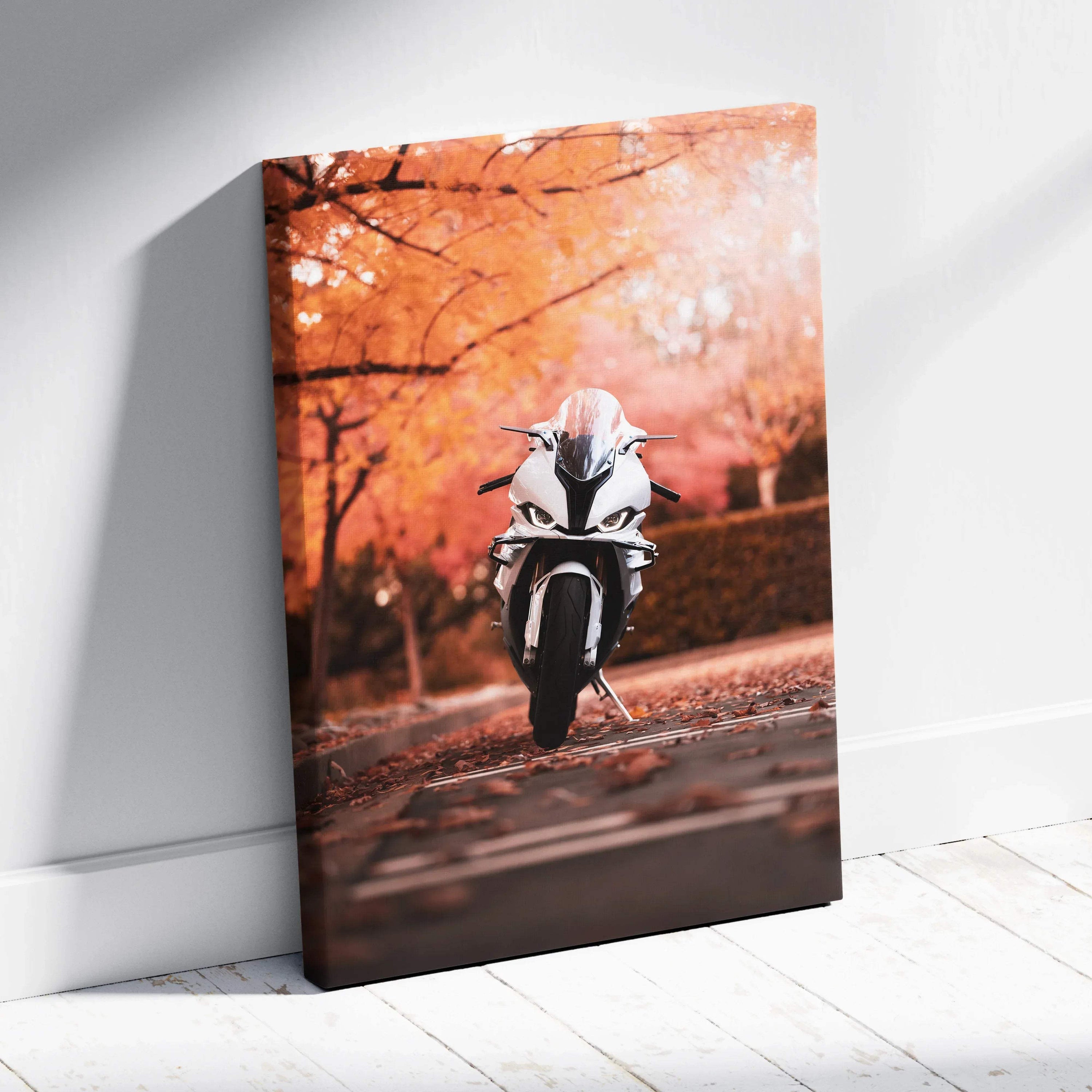 BMW S1000RR motorcycle vertical canvas wall art with autumn trees backdrop and warm tones.