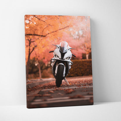BMW S1000RR motorcycle canvas art with autumn leaves background vertical wall art.