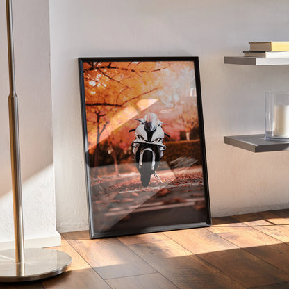 BMW S1000RR motorcycle poster with black frame and autumn trees background wall art.
