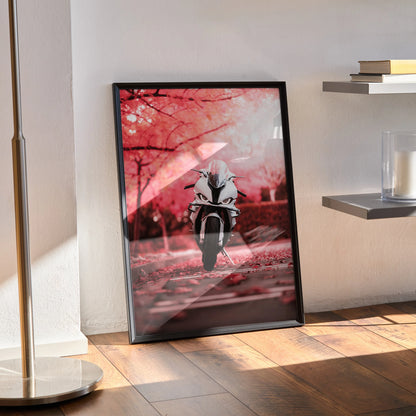 BMW S1000RR motorcycle poster with red cherry blossom background, framed wall art print.