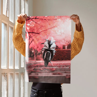 BMW S1000RR motorcycle poster with vibrant pink autumn leaves background, wall art for enthusiasts.