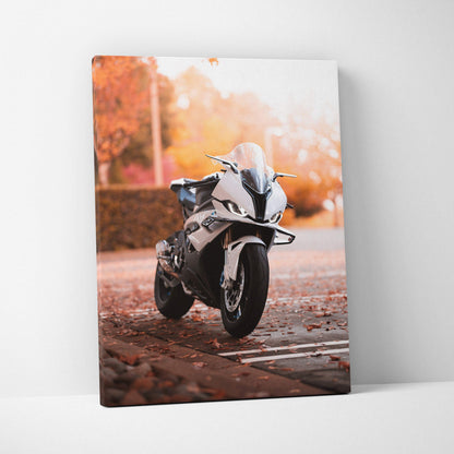 BMW S1000RR motorcycle canvas art with warm autumn background, vertical wall art print.