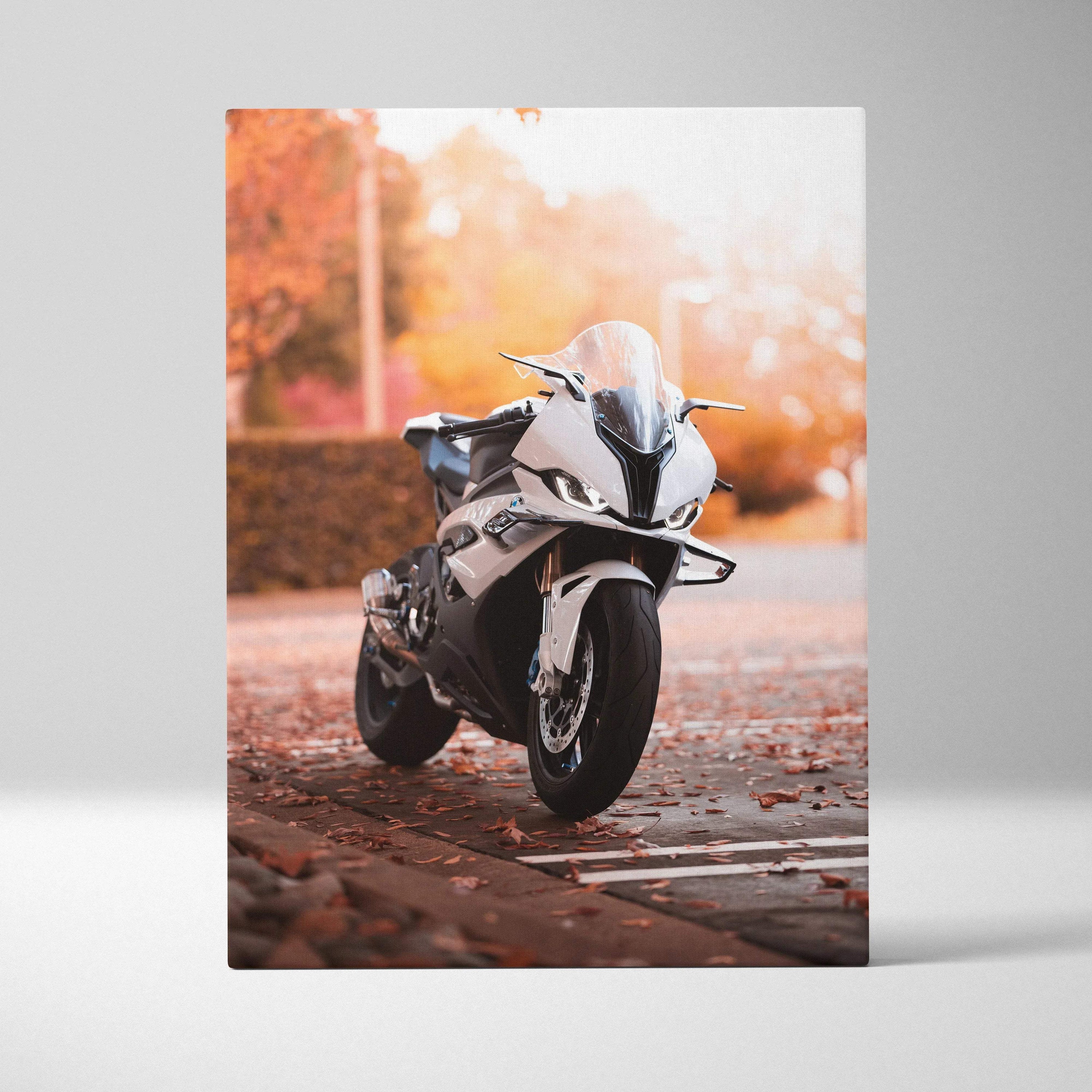Vertical canvas art featuring a white BMW S1000RR motorcycle on autumn street background.