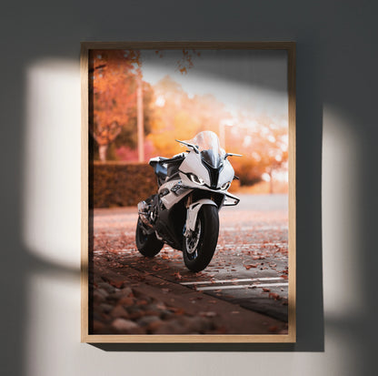 BMW S1000RR motorcycle poster with autumn leaves background, modern wall art for enthusiasts.