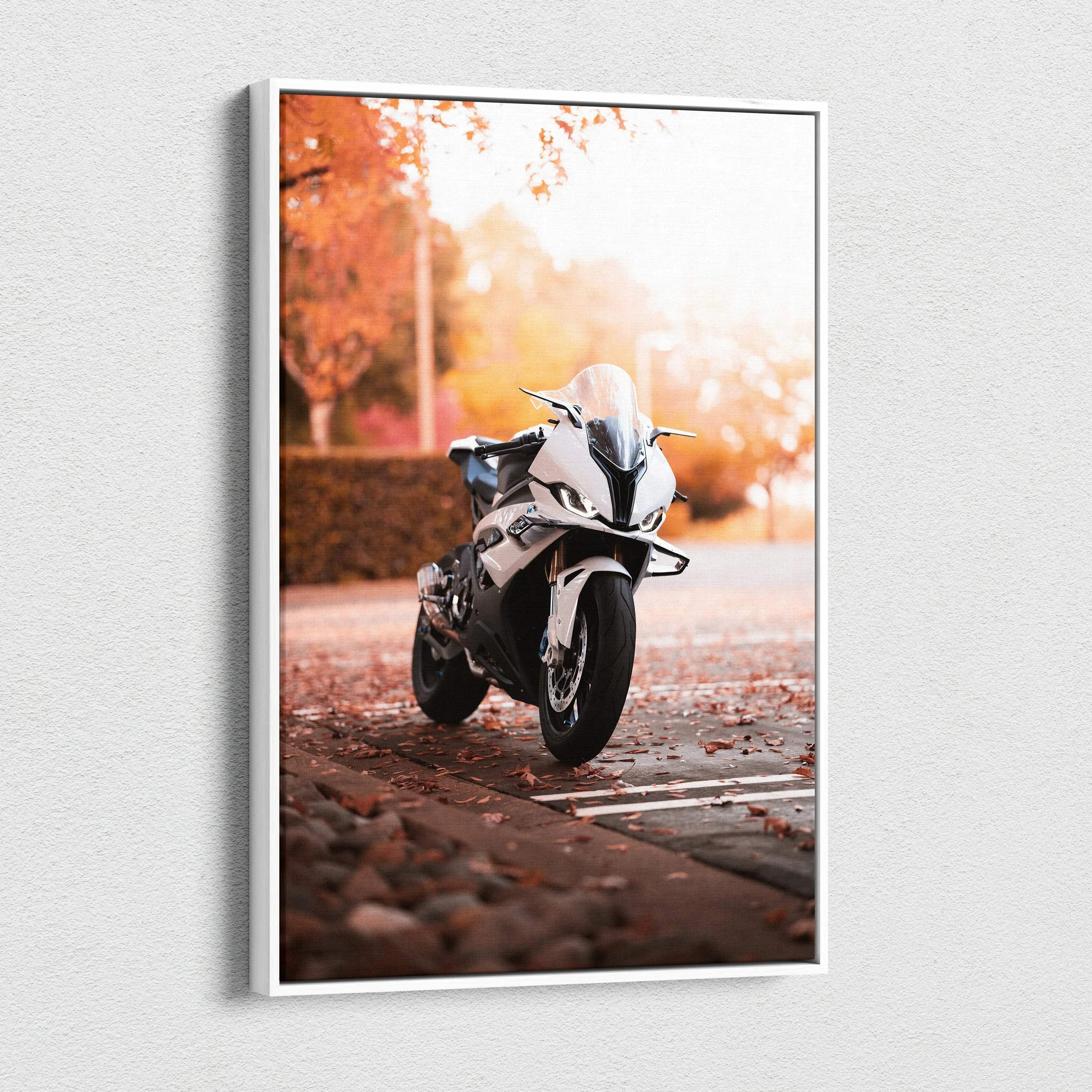 High-resolution BMW S1000RR motorcycle canvas art with autumn background, vertical wall art print.
