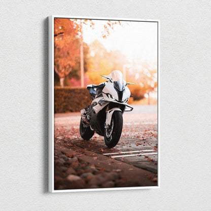 High-resolution BMW S1000RR motorcycle canvas art with autumn background, vertical wall art print.