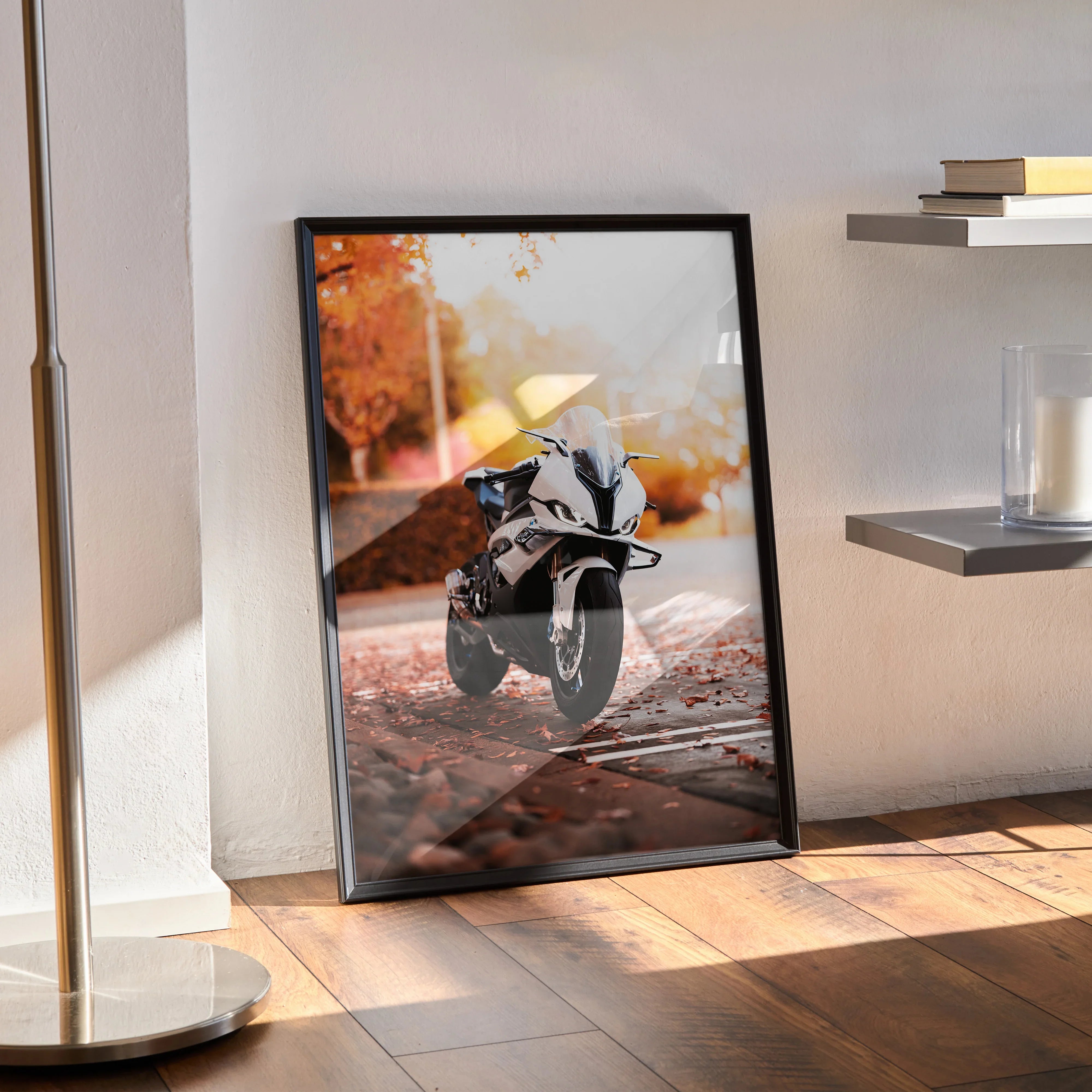 BMW S1000RR motorcycle poster with autumn background, sleek black frame wall art.