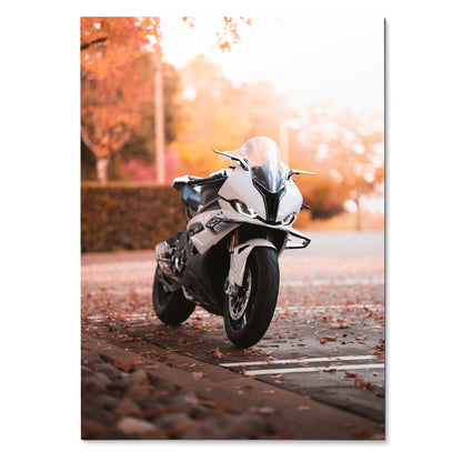 BMW S1000RR motorcycle poster with autumn background, sleek white sportbike wall art.
