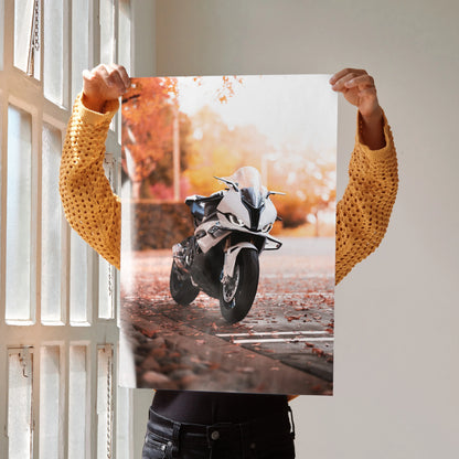 BMW S1000RR motorcycle poster with autumn background, vibrant wall art for enthusiasts.